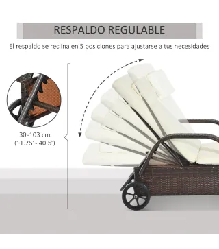 Tumbona de Ratán de Jardín Chaise Longue con Respaldo Ajustable en 5 Posiciones Cojines Acolchados Reposacabezas y 2 Ruedas Carg