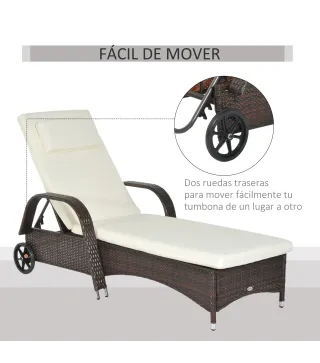 Tumbona de Ratán de Jardín Chaise Longue con Respaldo Ajustable en 5 Posiciones Cojines Acolchados Reposacabezas y 2 Ruedas Carg