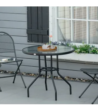 Mesa de Exterior Ø80x72 cm con Agujero para Sombrilla y Encimera de Vidrio Templado para Patio Terraza Negro