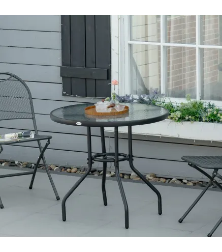 Mesa de Exterior Ø80x72 cm con Agujero para Sombrilla y Encimera de Vidrio Templado para Patio Terraza Negro