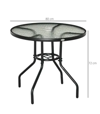 Mesa de Exterior Ø80x72 cm con Agujero para Sombrilla y Encimera de Vidrio Templado para Patio Terraza Negro