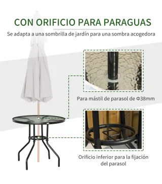 Mesa de Exterior Ø80x72 cm con Agujero para Sombrilla y Encimera de Vidrio Templado para Patio Terraza Negro