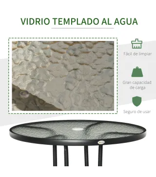Mesa de Exterior Ø80x72 cm con Agujero para Sombrilla y Encimera de Vidrio Templado para Patio Terraza Negro