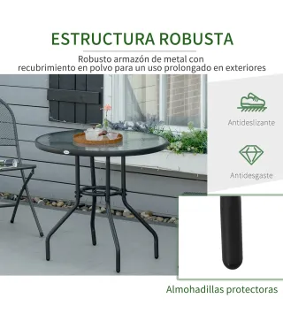 Mesa de Exterior Ø80x72 cm con Agujero para Sombrilla y Encimera de Vidrio Templado para Patio Terraza Negro