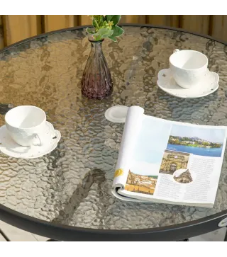 Mesa de Exterior Ø80x72 cm con Agujero para Sombrilla y Encimera de Vidrio Templado para Patio Terraza Negro