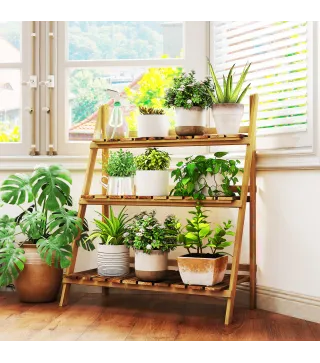 Soporte para Plantas de Madera de 3 Niveles Estantería para Plantas Plegable Soporte para Macetas 80x37x93 cm Natural