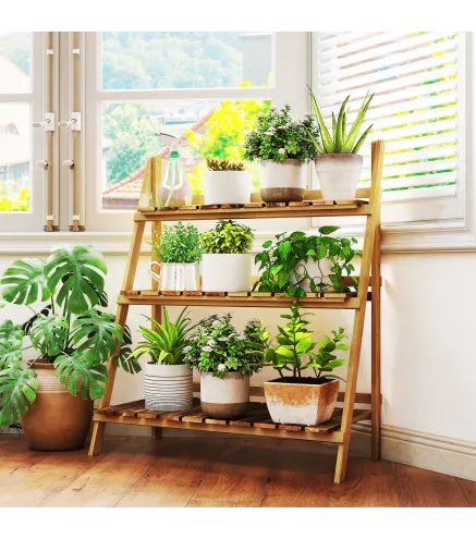 Soporte para Plantas de Madera de 3 Niveles Estantería para Plantas Plegable Soporte para Macetas 80x37x93 cm Natural