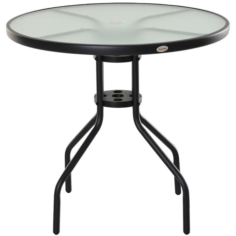 Mesa de Jardín Redonda Mesa Comedor de Cristal Templado con Agujero para Sombrilla y Estructura Metálica para Patio Terraza Balc