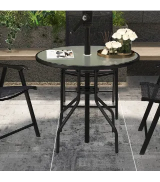 Mesa de Jardín Redonda Mesa Comedor de Cristal Templado con Agujero para Sombrilla y Estructura Metálica para Patio Terraza Balc