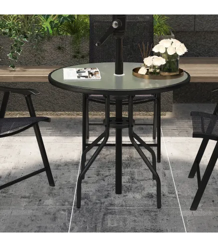 Mesa de Jardín Redonda Mesa Comedor de Cristal Templado con Agujero para Sombrilla y Estructura Metálica para Patio Terraza Balc