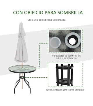 Mesa de Jardín Redonda Mesa Comedor de Cristal Templado con Agujero para Sombrilla y Estructura Metálica para Patio Terraza Balc