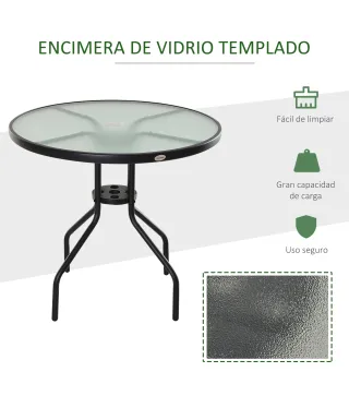 Mesa de Jardín Redonda Mesa Comedor de Cristal Templado con Agujero para Sombrilla y Estructura Metálica para Patio Terraza Balc