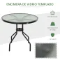 Mesa de Jardín Redonda Mesa Comedor de Cristal Templado con Agujero para Sombrilla y Estructura Metálica para Patio Terraza Balc
