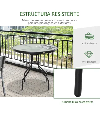 Mesa de Jardín Redonda Mesa Comedor de Cristal Templado con Agujero para Sombrilla y Estructura Metálica para Patio Terraza Balc