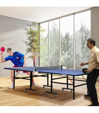 Mesa de Ping Pong Plegable con Ruedas para Interior y Exterior con Red Palas y Pelota 274x152,5x76 cm Azul