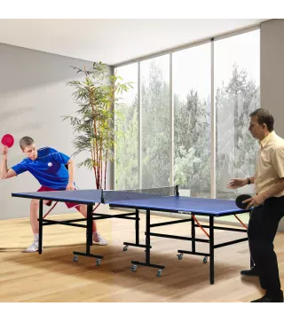 Mesa de Ping Pong Plegable con Ruedas para Interior y Exterior con Red Palas y Pelota 274x152,5x76 cm Azul