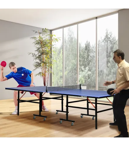Mesa de Ping Pong Plegable con Ruedas para Interior y Exterior con Red Palas y Pelota 274x152,5x76 cm Azul