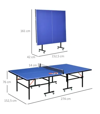 Mesa de Ping Pong Plegable con Ruedas para Interior y Exterior con Red Palas y Pelota 274x152,5x76 cm Azul