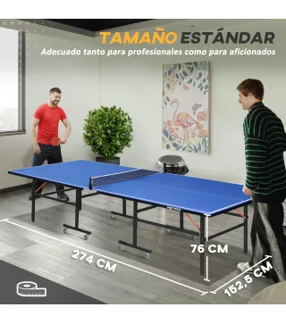 Mesa de Ping Pong Plegable con Ruedas para Interior y Exterior con Red Palas y Pelota 274x152,5x76 cm Azul