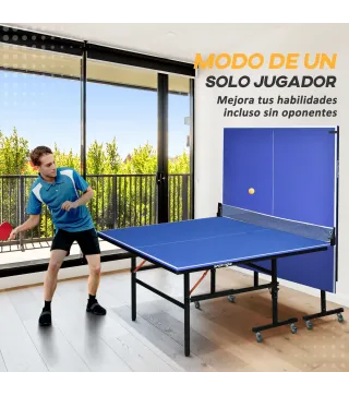 Mesa de Ping Pong Plegable con Ruedas para Interior y Exterior con Red Palas y Pelota 274x152,5x76 cm Azul