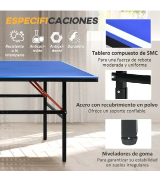 Mesa de Ping Pong Plegable con Ruedas para Interior y Exterior con Red Palas y Pelota 274x152,5x76 cm Azul