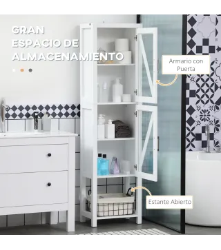 Columna de Baño Estantería para Baño con 2 Puertas Estantes Ajustables Armario Alto tipo Vitrina 45x30x170 cm Blanco