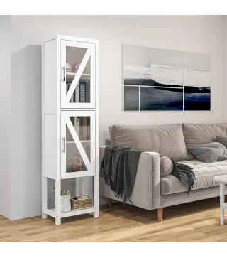 Columna de Baño Estantería para Baño con 2 Puertas Estantes Ajustables Armario Alto tipo Vitrina 45x30x170 cm Blanco