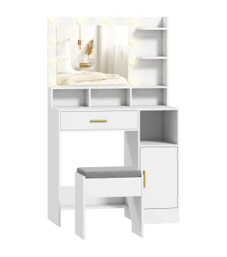 Tocador de Maquillaje con Luces LED y Taburete Espejo 10 Bombillas Cajon Estantes Compartimentos Blanco