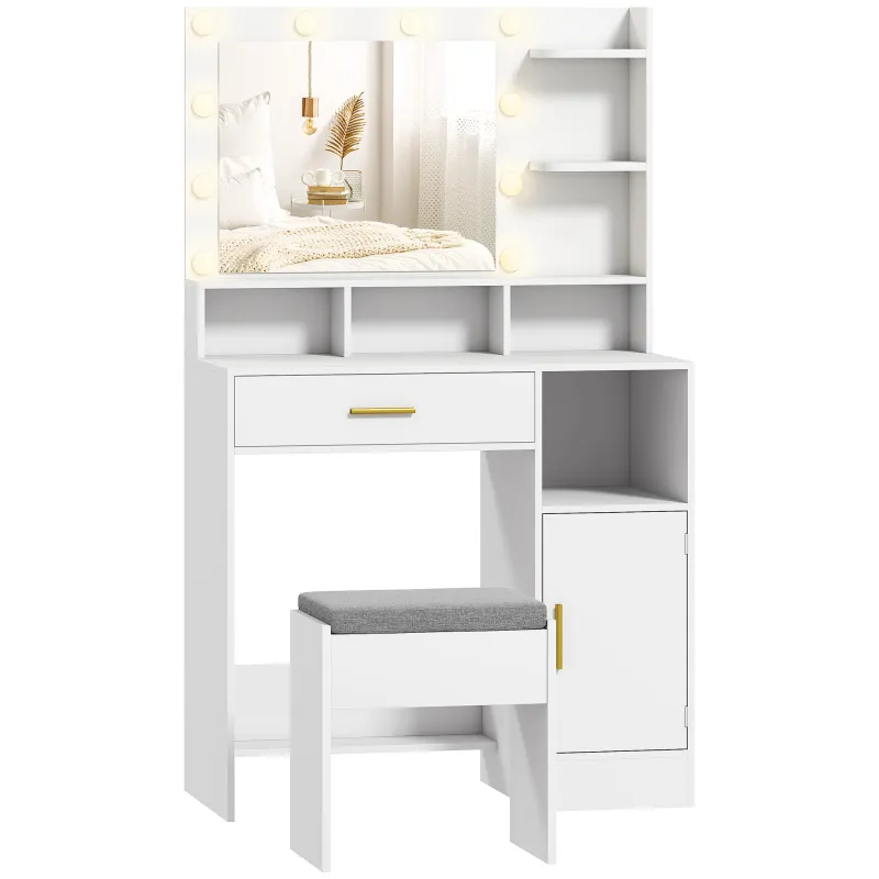 Tocador de Maquillaje con Luces LED y Taburete Espejo 10 Bombillas Cajón Estantes Compartimentos Blanco