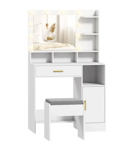 Tocador de Maquillaje con Luces LED y Taburete Espejo 10 Bombillas Cajon Estantes Compartimentos Blanco