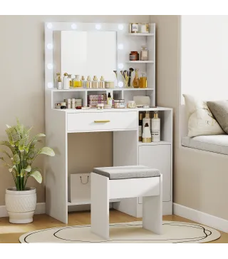 Tocador de Maquillaje con Luces LED y Taburete Espejo 10 Bombillas Cajon Estantes Compartimentos Blanco