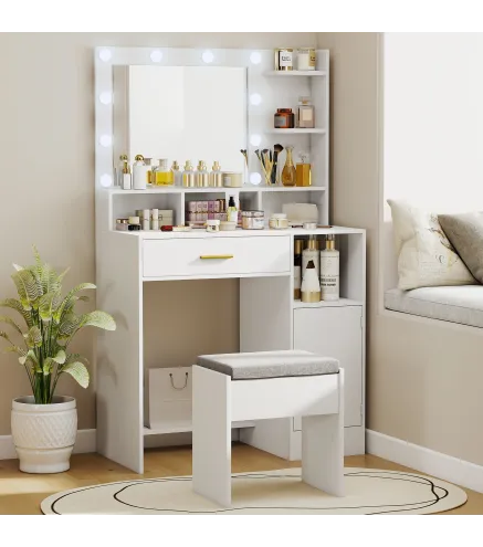 Tocador de Maquillaje con Luces LED y Taburete Espejo 10 Bombillas Cajon Estantes Compartimentos Blanco