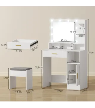 Tocador de Maquillaje con Luces LED y Taburete Espejo 10 Bombillas Cajón Estantes Compartimentos Blanco