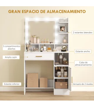 Tocador de Maquillaje con Luces LED y Taburete Espejo 10 Bombillas Cajón Estantes Compartimentos Blanco
