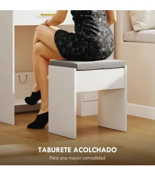 Tocador de Maquillaje con Luces LED y Taburete Espejo 10 Bombillas Cajón Estantes Compartimentos Blanco