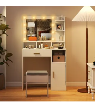 Tocador de Maquillaje con Luces LED y Taburete Espejo 10 Bombillas Cajón Estantes Compartimentos Blanco