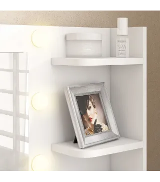 Tocador de Maquillaje con Luces LED y Taburete Espejo 10 Bombillas Cajón Estantes Compartimentos Blanco