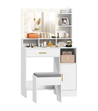 Tocador de Maquillaje con Luces LED y Taburete Espejo 10 Bombillas Cajón Estantes Compartimentos Blanco