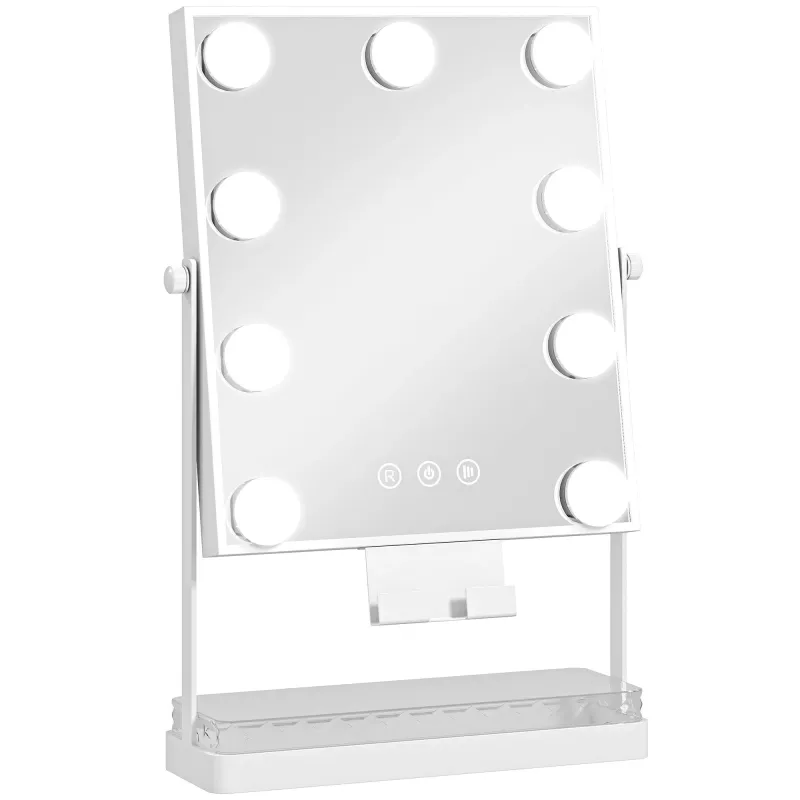 Hollywood Espejo de Maquillaje con Luz 9 Bombillas LED 3 Colores Interruptor Táctil Soporte para Teléfono Blanco