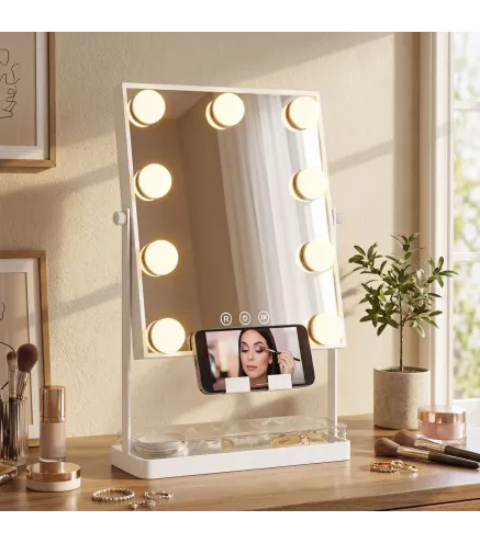 Hollywood Espejo de Maquillaje con Luz 9 Bombillas LED 3 Colores Interruptor Táctil Soporte para Teléfono Blanco