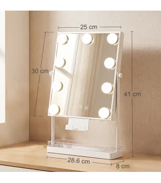 Hollywood Espejo de Maquillaje con Luz 9 Bombillas LED 3 Colores Interruptor Táctil Soporte para Teléfono Blanco