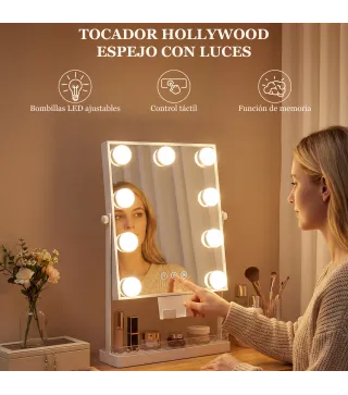 Hollywood Espejo de Maquillaje con Luz 9 Bombillas LED 3 Colores Interruptor Táctil Soporte para Teléfono Blanco