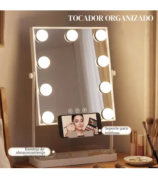 Hollywood Espejo de Maquillaje con Luz 9 Bombillas LED 3 Colores Interruptor Táctil Soporte para Teléfono Blanco
