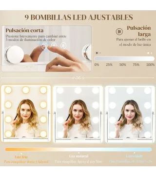 Hollywood Espejo de Maquillaje con Luz 9 Bombillas LED 3 Colores Interruptor Táctil Soporte para Teléfono Blanco
