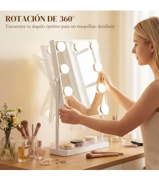 Hollywood Espejo de Maquillaje con Luz 9 Bombillas LED 3 Colores Interruptor Táctil Soporte para Teléfono Blanco