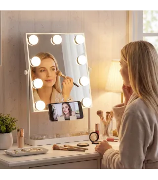 Hollywood Espejo de Maquillaje con Luz 9 Bombillas LED 3 Colores Interruptor Táctil Soporte para Teléfono Blanco