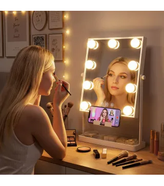 Hollywood Espejo de Maquillaje con Luz 9 Bombillas LED 3 Colores Interruptor Táctil Soporte para Teléfono Blanco
