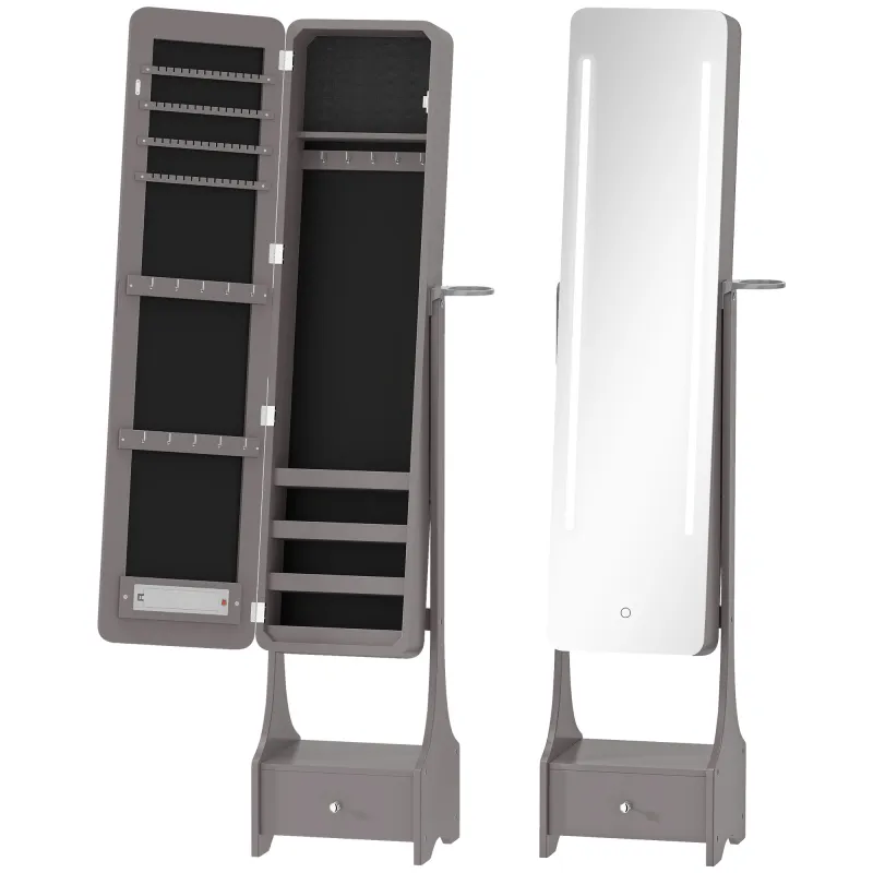 Espejo Joyero con Luces LED Armario Joyero con Espejo Entero de Ángulo Ajustable Cajón Luces Apagado Automático Gris