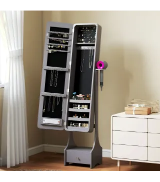 Espejo Joyero con Luces LED Armario Joyero con Espejo Entero de Angulo Ajustable Cajon Luces Apagado Automatico Gris