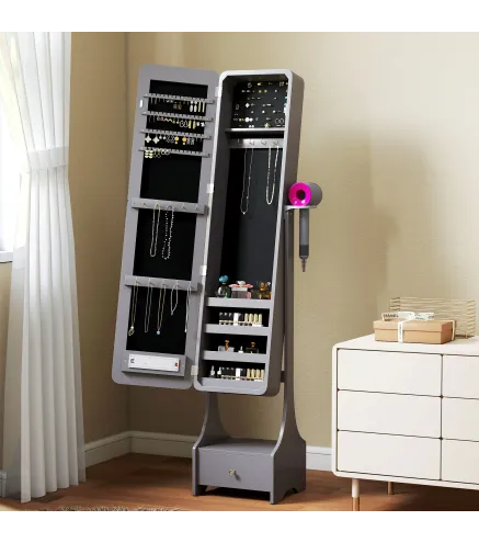 Espejo Joyero con Luces LED Armario Joyero con Espejo Entero de Ángulo Ajustable Cajón Luces Apagado Automático Gris